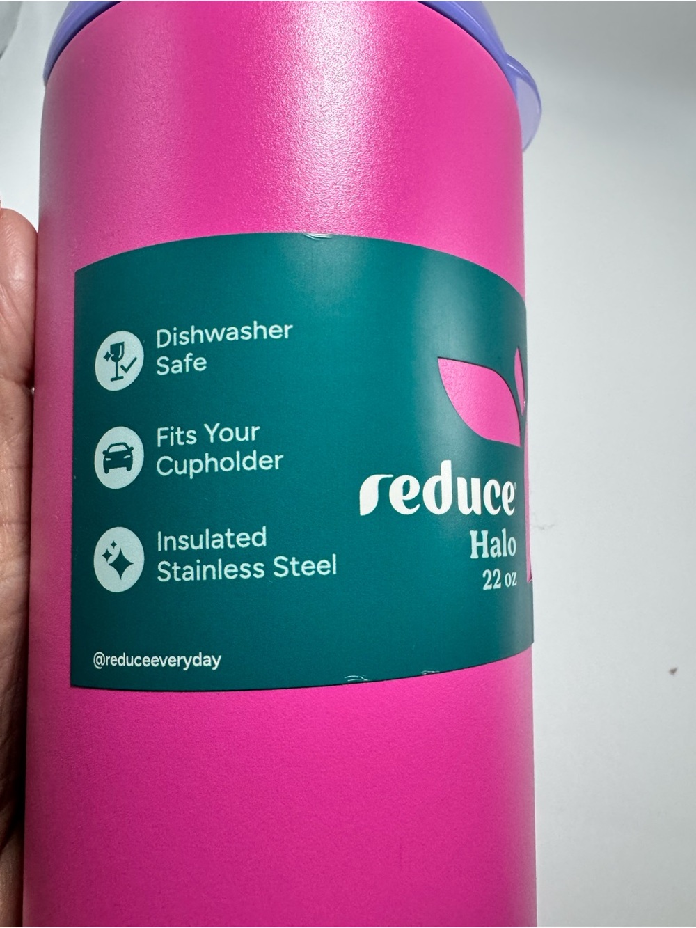 Reduce Halo 22 oz Pink Insulated Tumbler with Purple Lid and Yellow Straw - Picture 5 of 5